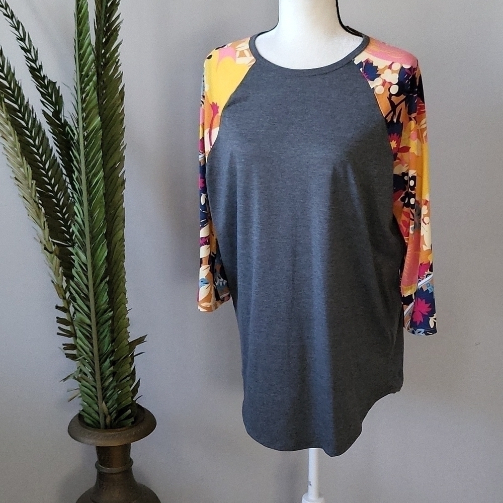 LuLaRoe Randy gray raglan tee with multicolored floral print NWOT